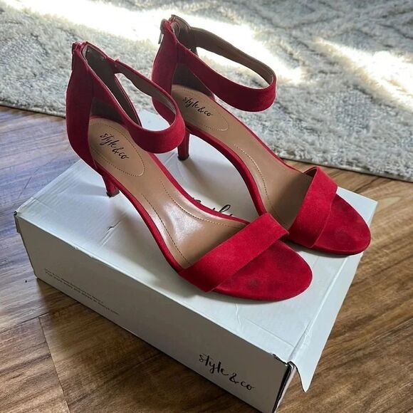 Style & Co. Shoes - Style‎ & Co Red Suede Ankle Strap Heels